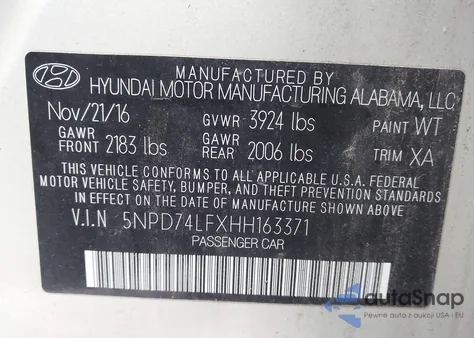 2017 Hyundai Elantra Se from USA, damaged, VIN 5NPD74LFXHH163371